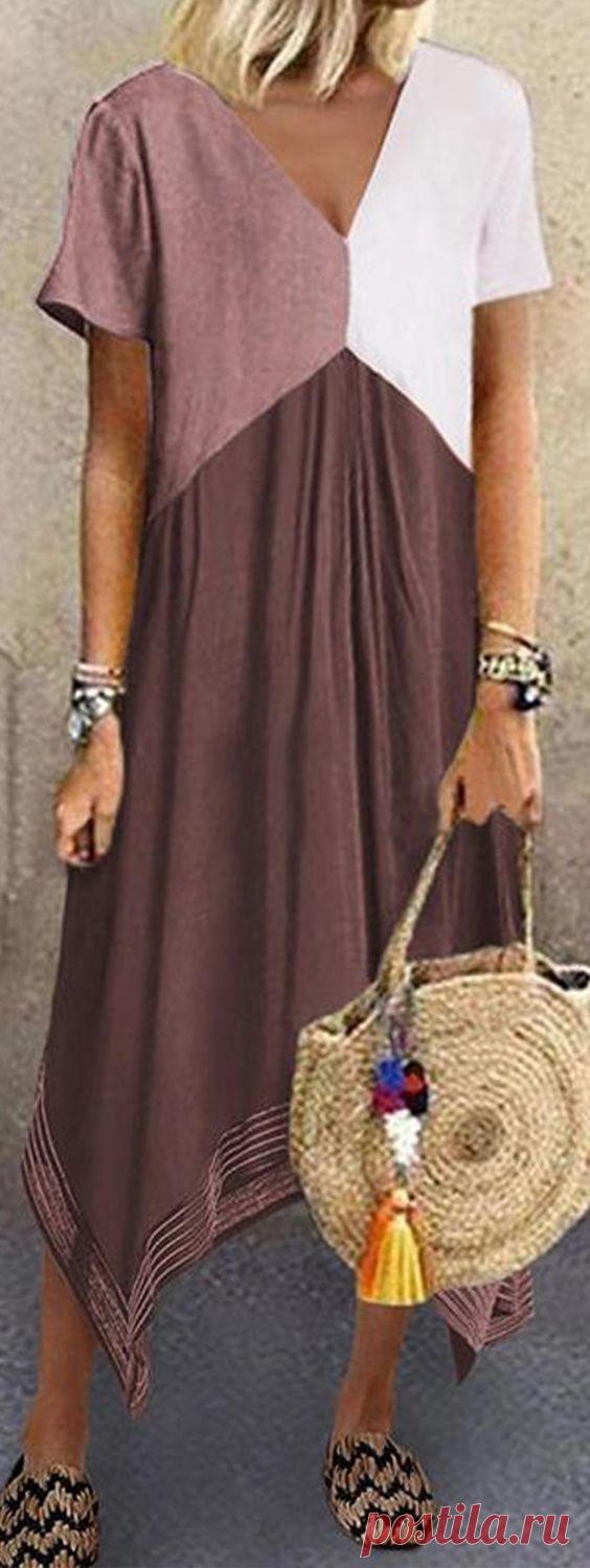 Short Sleeve Color Splicing V Neck Irregular Hem Casual Dress