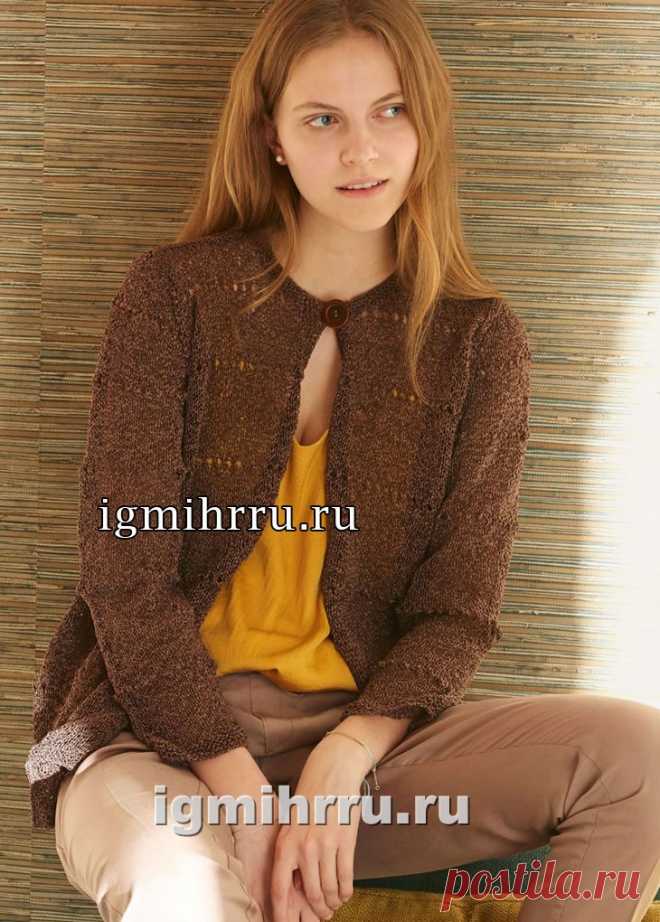 Классический жакет шоколадного цвета с ажурным узором. Вязание спицами