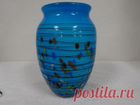 Heavy Blue Art Glass Vase w Spots of Colors and Raised Lines | eBay