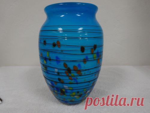 Heavy Blue Art Glass Vase w Spots of Colors and Raised Lines | eBay