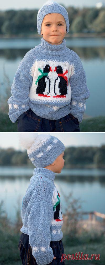 Скачайте схемы Голубой свитер с рисунком «Пингвины» и шапочка с помпоном, вид рукоделия Вязание спицами - Валентина.ру