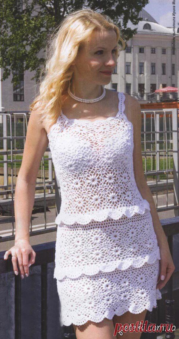 Белоснежное платье из цветочных мотивов. Описание, схемы