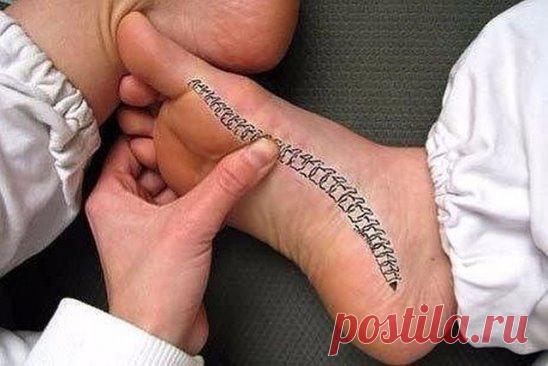 Массаж ребра стопы от боли в спине
На ребре стопы спроецированы все проблемные зоны спины. Их можно
обнаружить нащупыванием болезненных точек. Благодаря своеобразной методике массажа на стопе можно найти весь «позвоночник.
Сядьте на пол в удобную позу и скрестите ноги. Теперь возьмите любую из своих стоп в руки, как показано на фото. Посмотрите и представьте линию позвоночника, которая находится между большим пальцем и пяткой, на внутреннем 