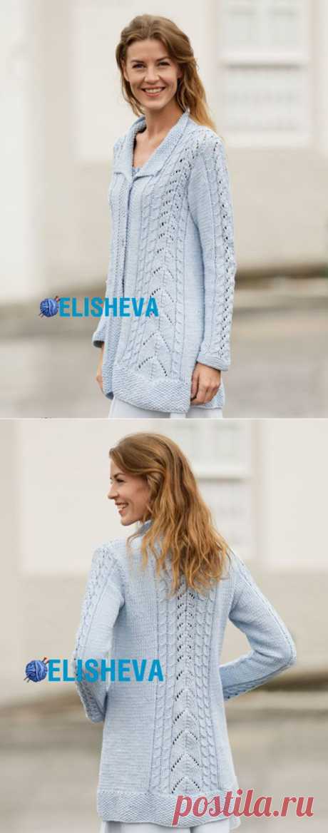 Жакет от Drops Design с ажуром и отложным воротником и узором косы, вязаный спицами