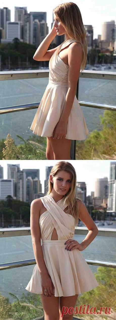 Beige Criss Cross Mini Skater Dress with Pleated Skirt