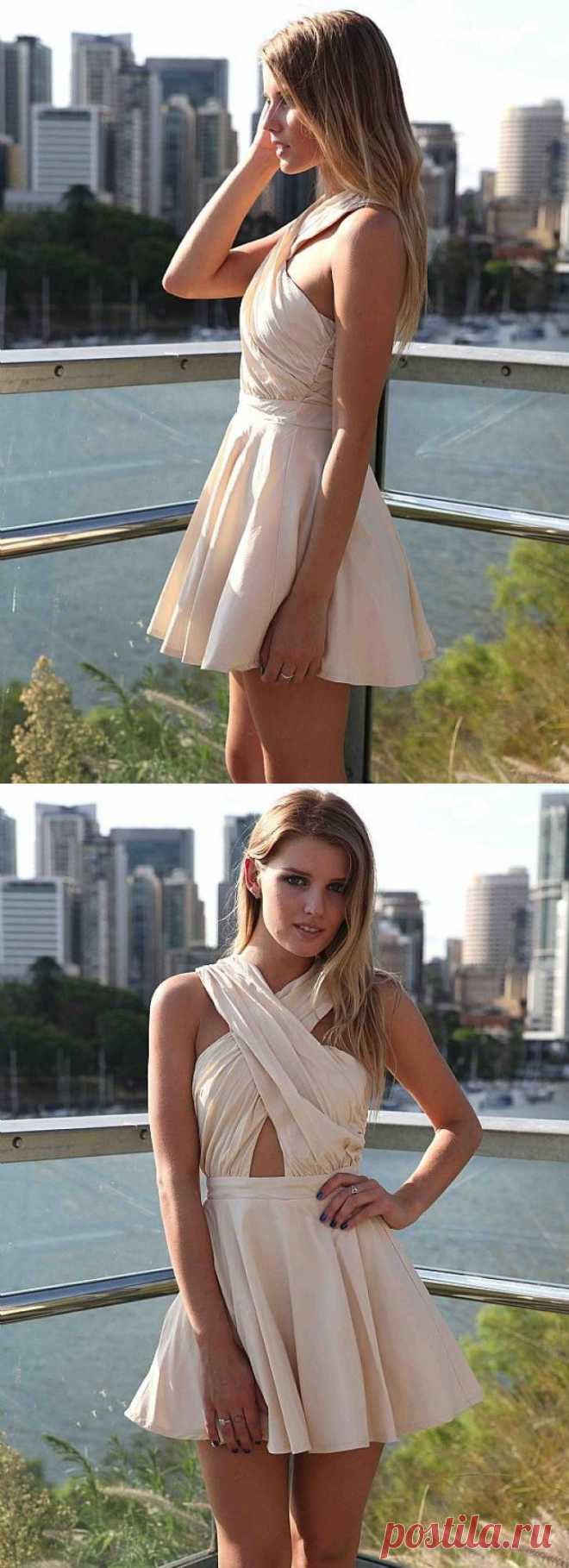 Beige Criss Cross Mini Skater Dress with Pleated Skirt