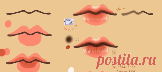 Рисуем губы. 

Мастер-класс от Roos (Saviroosje).
http://saviroosje.deviantart.com/art/Step-By-Step-Lip..