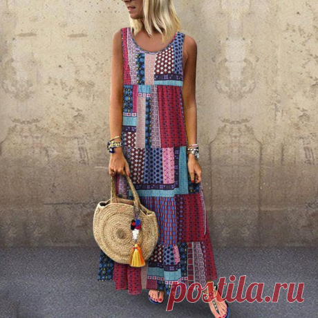 Богемный сращивание шею платье без рукавов-fashiontia