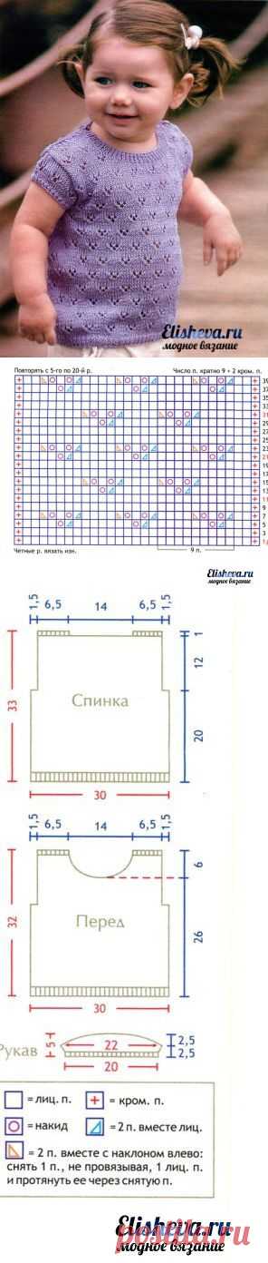 Ажурная кофточка с коротким рукавом для маленькой девочки вязаная спицами