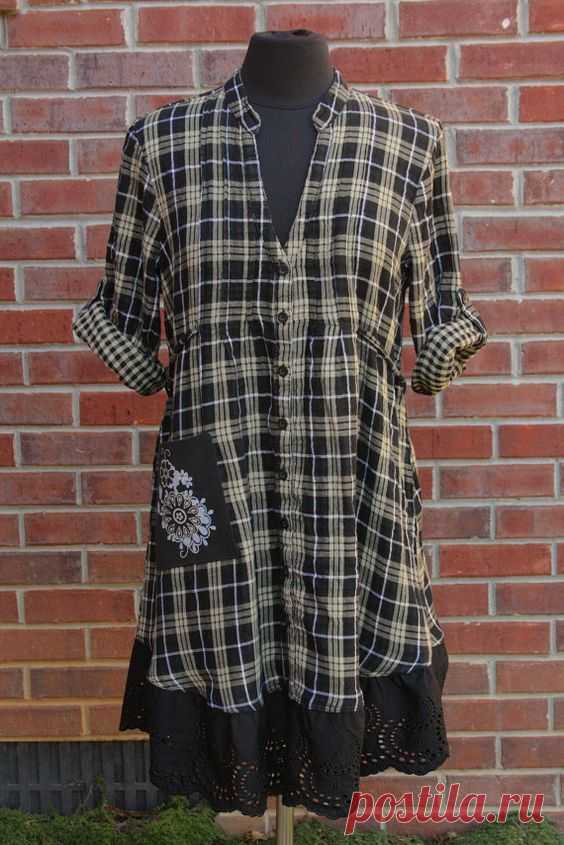 Tan, Black & Metallic Plaid Multi-Size Flannel and Eyelet Tunic Dress - Upcycled | CLOTHING