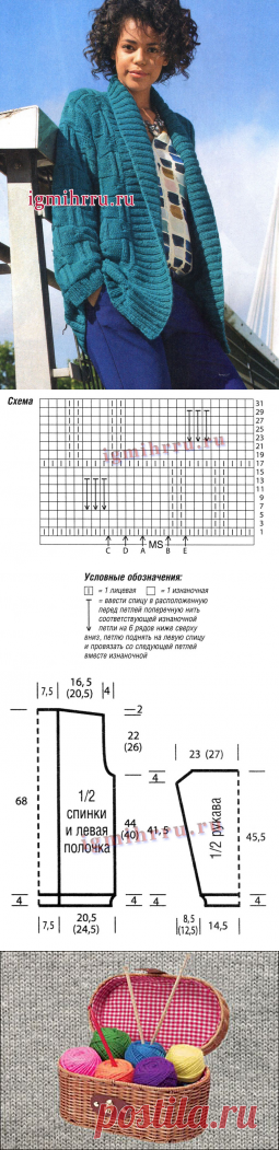 Свободный теплый жакет сине-зеленого цвета с рельефными структурами и широким шалевым воротником. Вязание спицами