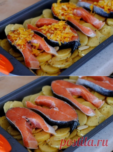 Как приготовить форель под чесночным соусом, запеченая на картофельной подушке. - рецепт, ингридиенты и фотографии