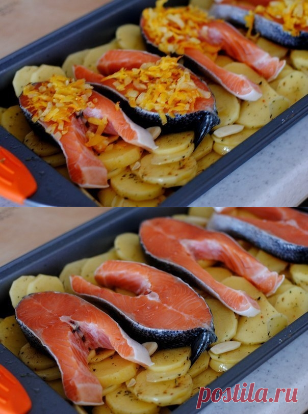Как приготовить форель под чесночным соусом, запеченая на картофельной подушке. - рецепт, ингридиенты и фотографии