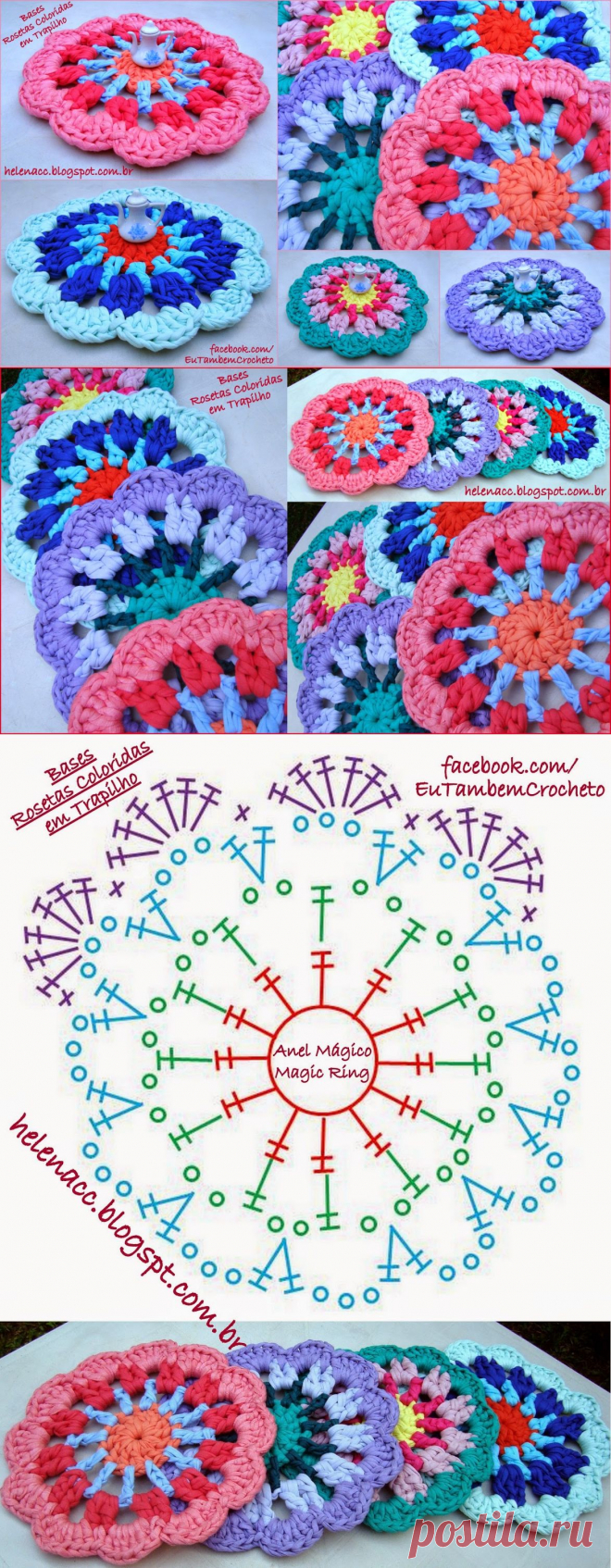 EU TAMBÉM CROCHETO...: Bases Rosetas Coloridas em Trapilho