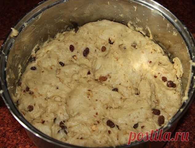 Александрийское тесто (для куличей) 

Продукты:

1 л. топленого молока; 
1 кг. сахара; 
500 гр. слив. масла; 
10 яиц; 
3 желтка; 
150 гр. свежих дрожжей. 

Яйца слегка взбить, масло порезать кусочками, смешать все продукты с теплым молоком и оставить в теплом месте на 8-12 часов (смело оставляйте на ночь). Затем всыпать: 1 ч.л. соли; 200 гр. запаренного изюма; 2-3 пакетика ванильного сахара, 2 ст.л. коньяка; примерно 2,5 кг муки. Вымешивать мягкое, вязкое тесто, макая руки...
