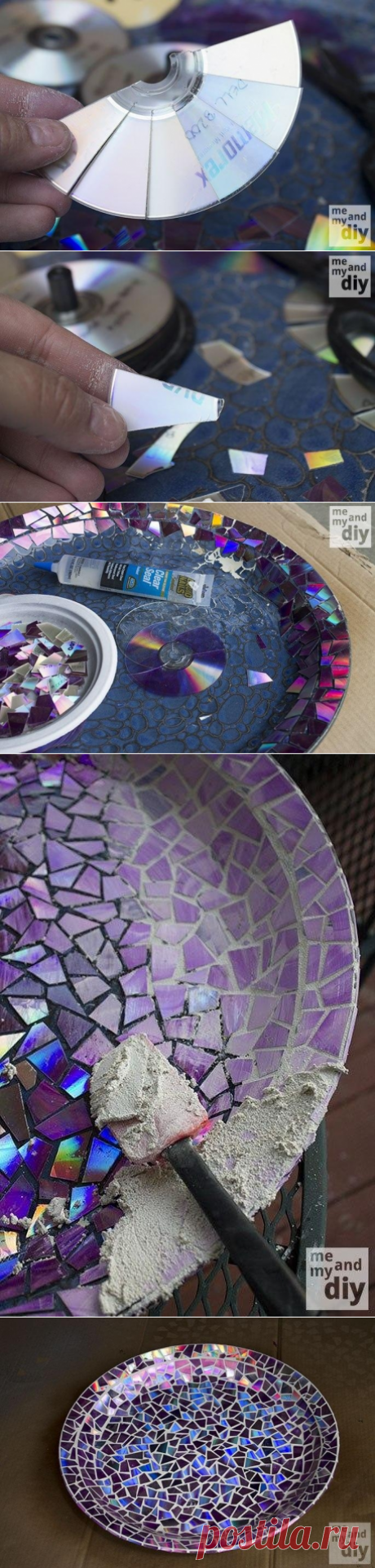 Декор Садовой вазы с помощью мозаики из старых CD-дисков