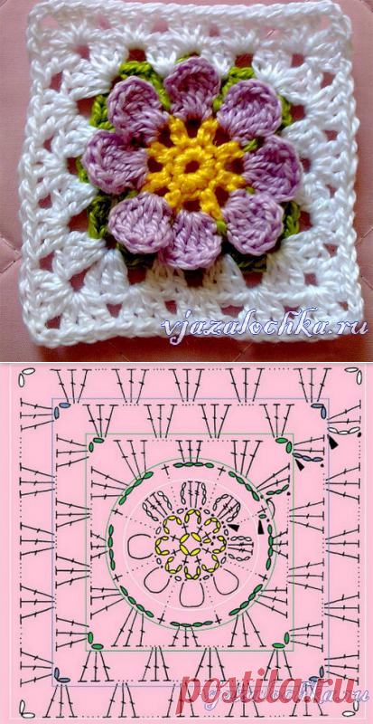 Бабушкин квадрат крючком со цветком по центру