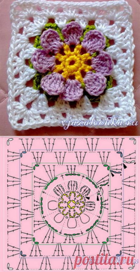 Бабушкин квадрат крючком со цветком по центру