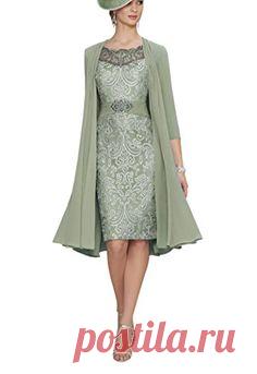 New MythLove Women's A-Line Short Chiffon Scarf 2 pcs Round Neck Lace Bridal Mother of The Bride Dress online.