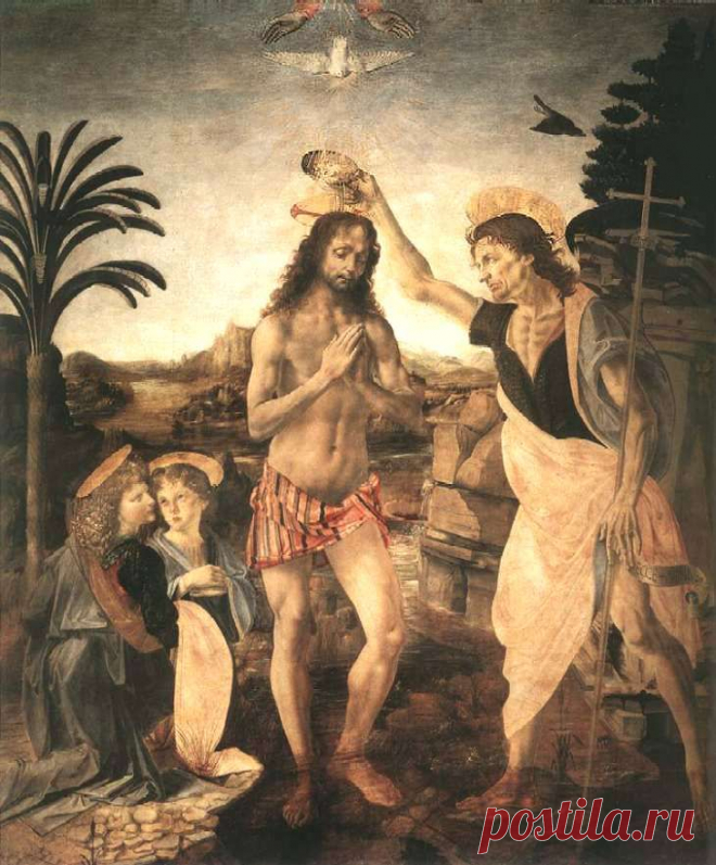 Андреа дель Верроккио и Леонардо да Винчи. Крещение Христа. (~1472-1475) Масло на дереве. Галерея Уффици Флоренция, Италия. «Верроккио поручил Леонардо написать ангела, держащего одеяния. И, хотя тот был юнцом, он выполнил это так, что ангел Леонардо вышел много лучше, нежели фигуры Верроккио». (Вазари-1550г). Далее искусствовед Вазари добавляет, что учитель так был расстроен явным превосходством своего ученика над собой, что с тех пор не прикасался к кисти.