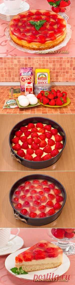 Торт с клубникой, сырным кремом и желе.