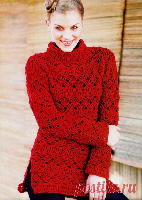 ЦВЕТ НАСТРОЕНИЯ - КРАСНЫЙ! Сочный цвет в пуловерах крючком для ярких будней.  Автор: Ольга Чеканова
Пряжа: Alize Bella Wool (100% шерсть, 50 г / 100 м) – 2 мотка. Крючок No 4,5.
Размер: 44-48.
Узоры:
Резинка: 1 лицевая, 1 изнаночная.
Ажурный узор: вязать по схеме.
Плотность вязания: 16 петель х 8 рядов = 10 см х 10 см.
Описание вязания пуловера
