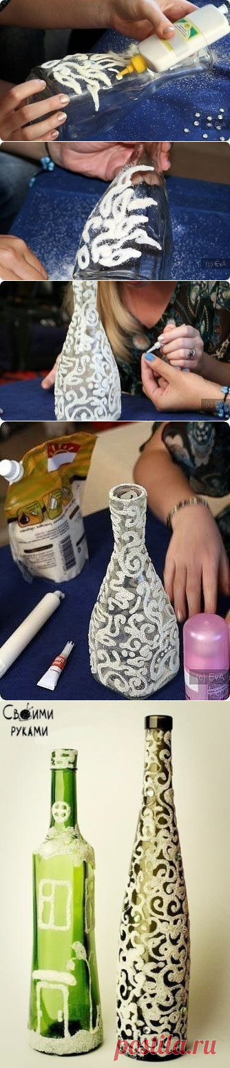Декорируем бутылки манной крупой.