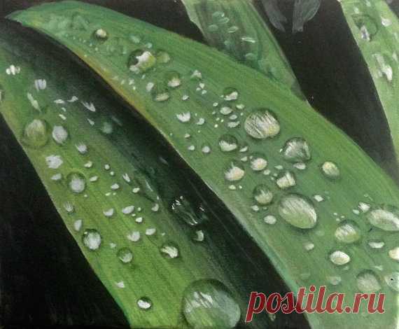 Dew drops This is an 8 by 8 painting on canvas (combination of acrylic paints and colored pencils). Looks even better live than on the photo)