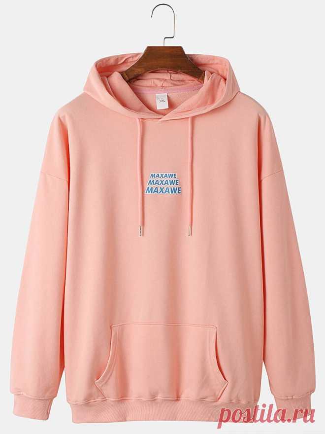 Mens Letter Back Print Solid Color Cotton Casual Loose Drawstring Hoodies With M - US$42.99