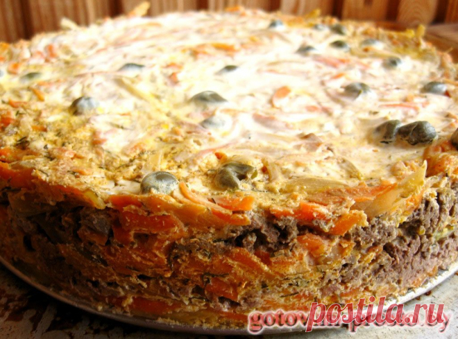 Нежный печеночный торт с каперсами.