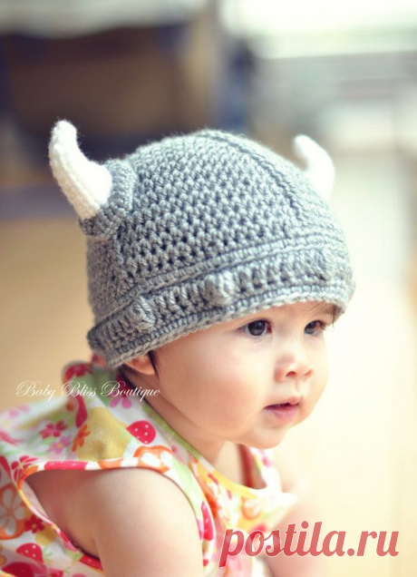 The Viking Hat - 12M to 24M - Gray Color Viking Hat with White Horns - Made to…