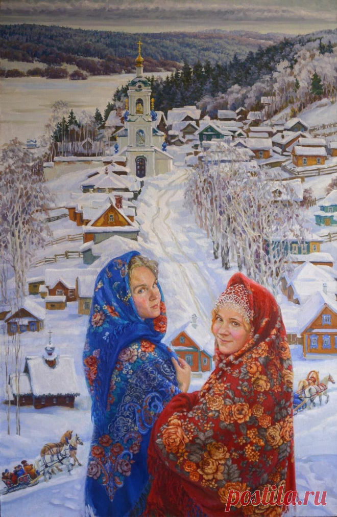 Художник Олег Жидков.
Мне б колодезной испить воды, 
Мне б в росе студёной раствориться, 
Мне бы расстелить лугов ковры, 
На заре - грибным дождём умыться. 
 
Деревенские картины, 
Деревенское раздолье, 
Деревенские мотивы, 
Деревенское застолье.
