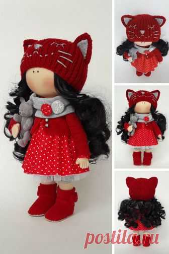 Fabric Cat Doll Textile Red Doll Art Decor Doll Baby Gift Doll