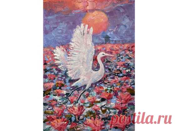 Heron Painting Thailand Original Art Red Lotus Artwork Bird | Etsy HAND ORIGINAL painting small oil impasto artwork by Natalia Savenkova.  *Title: Heron Lake Thailand Size: 11,5 x 8 inches (29,2 x 20,3cm). Medium: hardboard, oil paints. Style: Modern, Impressionist, Impasto. Need a decorative frame.  Small beautiful painting for home and office decor, the perfect