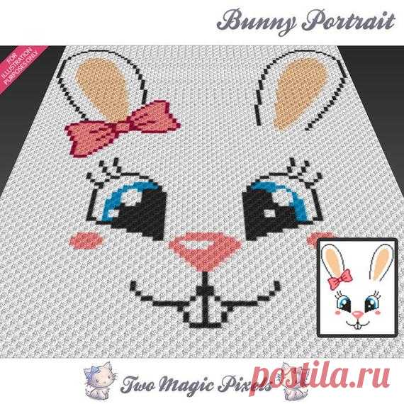 Bunny Portrait crochet blanket pattern; c2c, cross stitch; knitting; graph; pdf download; no written counts or row-by-row instructions Bunny Portrait by Two Magic Pixels is a graph that can be used to crochet a blanket using C2C (Corner to Corner), TSS (Tunisian Simple Stitch) and other techniques. Alternatively, you can use this graph for knitting, cross stitching and other crafts.  This graph design is 80 squares wide by 100