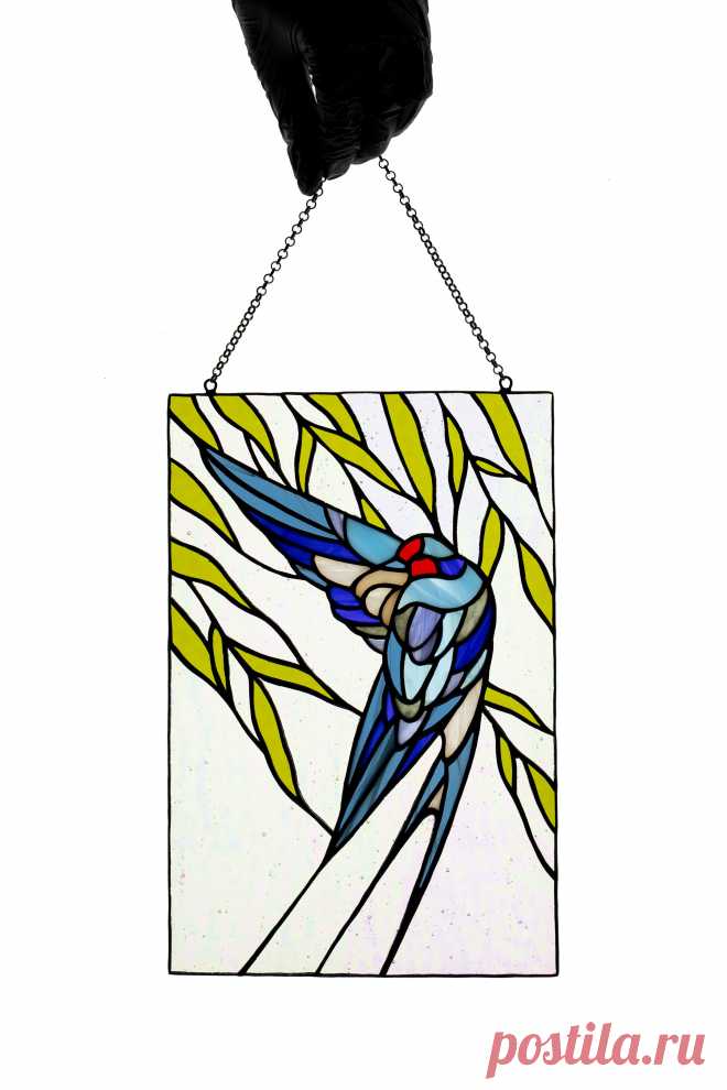 Stained glass panel Window hanging suncatcher Floating Swallow Stain g Window hanging panel made of stained glass pieces.Handmade using Tiffany copper foil technique.Looks amazing in the lights of a sun.You will get it completely ready for installation. It comes with a copper chain.It will be a great gift for friends or relatives. Width: 7 inches Height: 10 inches