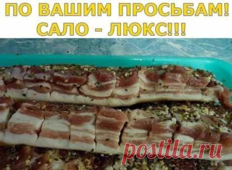 ПО ВАШИМ ПРОСЬБАМ!
САЛО - ЛЮКС!!!
На литр воды один стакан (200г) - соли и половина такого стакана сахара , лавр. лист (не жалеть!), перец горошек , довести до кипения и остудить . Вот этим рассолом залить сало(1-2 кг). Сало можно сразу пересыпать чесноком. День стоит дома потом в холодильник примерно на сутки. Потом выложить на полотенце чтоб рассол сбежал. Можете добавлять по
вкусу свои приправы. Такой посол очень вкусный. Поверьте сахар не ощущается. Приятного аппетита!!!