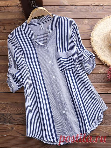 Patchwork Stripe Print Stand Collar Irregular Casual Shirts Cheap - NewChic