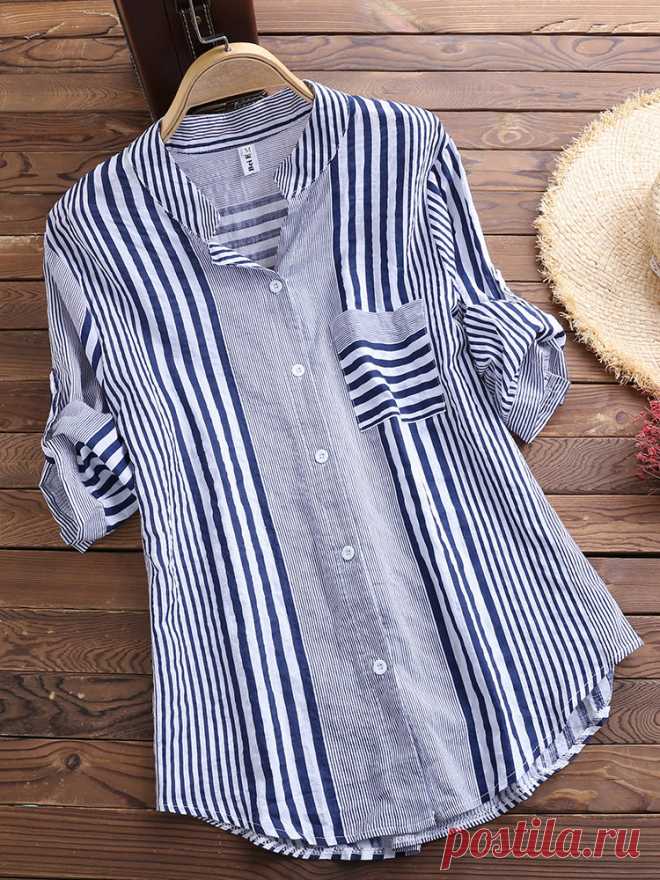 Patchwork Stripe Print Stand Collar Irregular Casual Shirts Cheap - NewChic