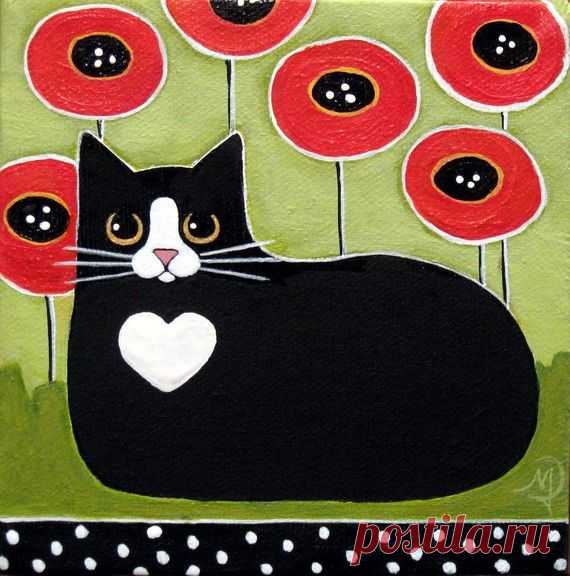 Black and White Tuxedo CAT and RED Poppies by WildSunflowe Black and White Tuxedo CAT and RED Poppies by WildSunflowerStudio