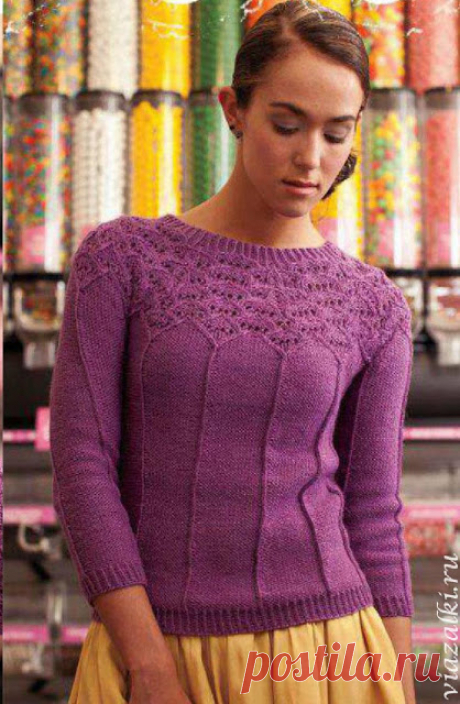 Пуловер с круглой кокеткой (6 размеров) Схемы + описание работы 
 Этот пуловер не имеет не единого шва. Он вяжется одной деталью сверху вниз. Ажурная кокетка и рукав 7/8 делают этот пуловер очень женственным.Размеры
Размеры:  84 (92, 99, 107, 114, 125) см – окружн…