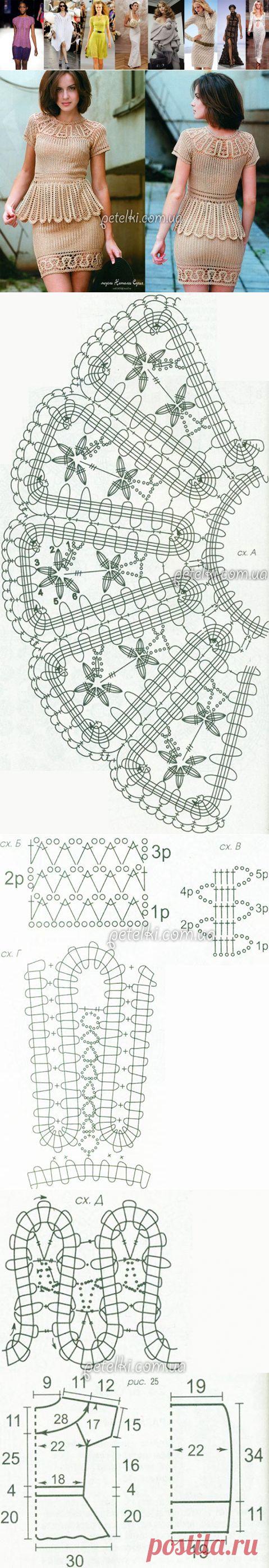 Брюггское кружево. Топ с баской и мини-юбка. Схемы, описание вязания