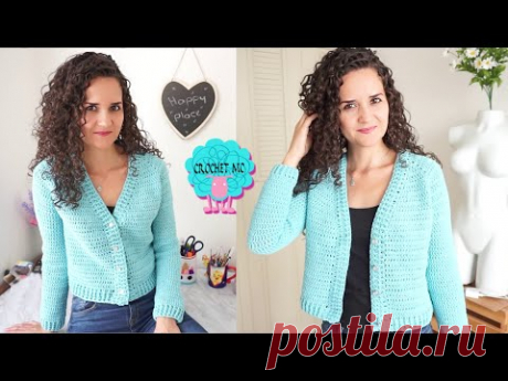 Chaqueta/suéter con cuello en V a crochet - todas las tallas