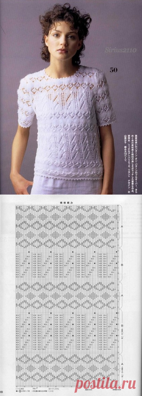 Белый пуловер ажурным узором спицами. Связать джемпер с короткими рукавами |