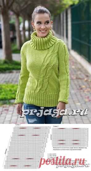 Женский пуловер спицами с диагональными косами