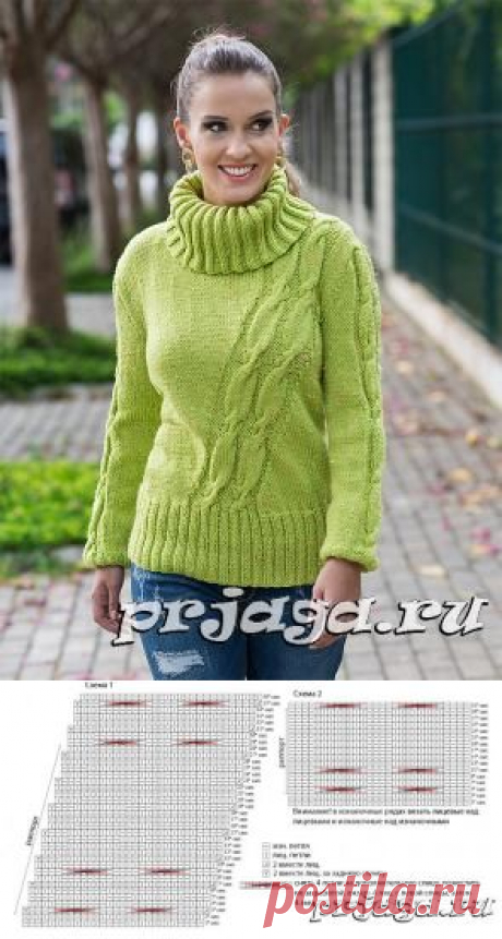 Женский пуловер спицами с диагональными косами