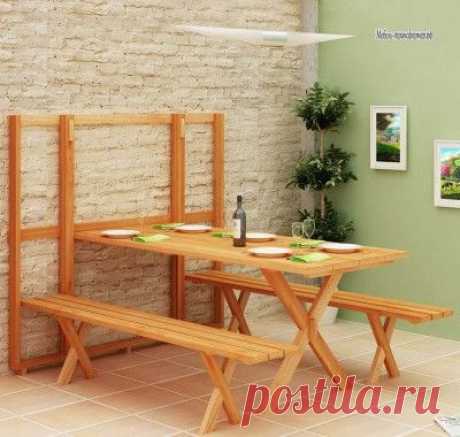 Складной стол с лавками с фиксацией на стене - Стол трансформер - Мебель-трансформер.РФ