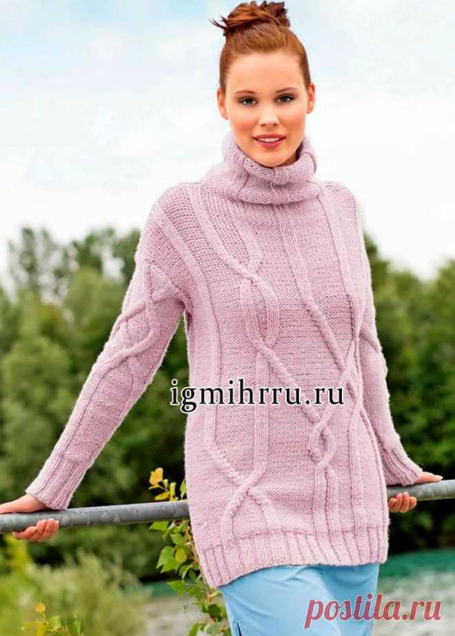 УДЛИНЕННЫЙ РОЗОВЫЙ СВИТЕР С «РАЗМАШИСТЫМ» УЗОРОМ ИЗ КОС.