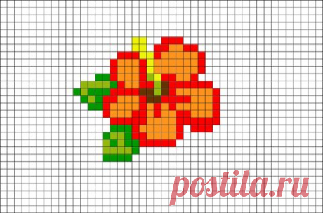 a cross stitch pattern with an orange flower in the center and green leaves on each side
