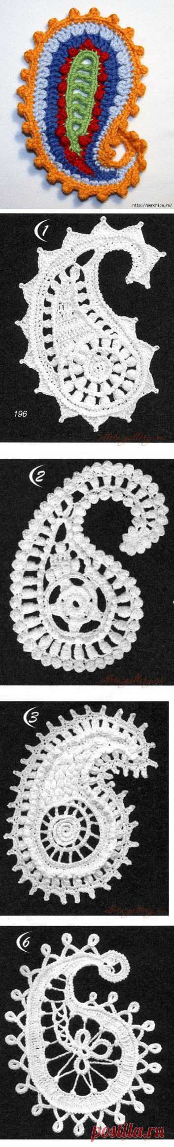 Схемы для вязания турецкого огурца в технике ирландского кружева.